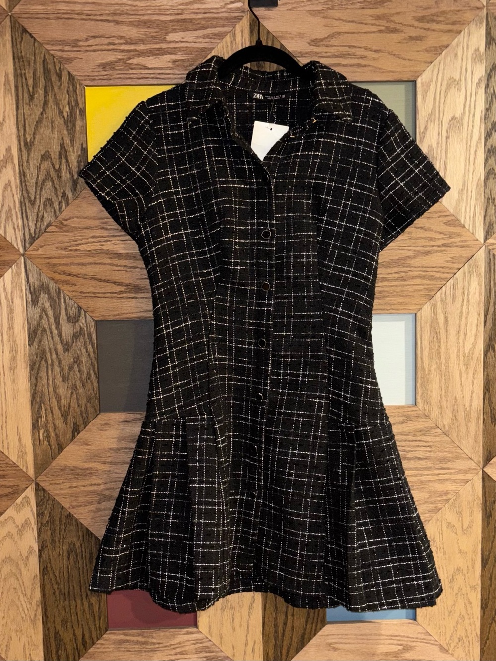 NWT ZARA Textured Short Dress Black & White Tweed Check Short Sleeve Mini Sz M - Picture 4 of 9